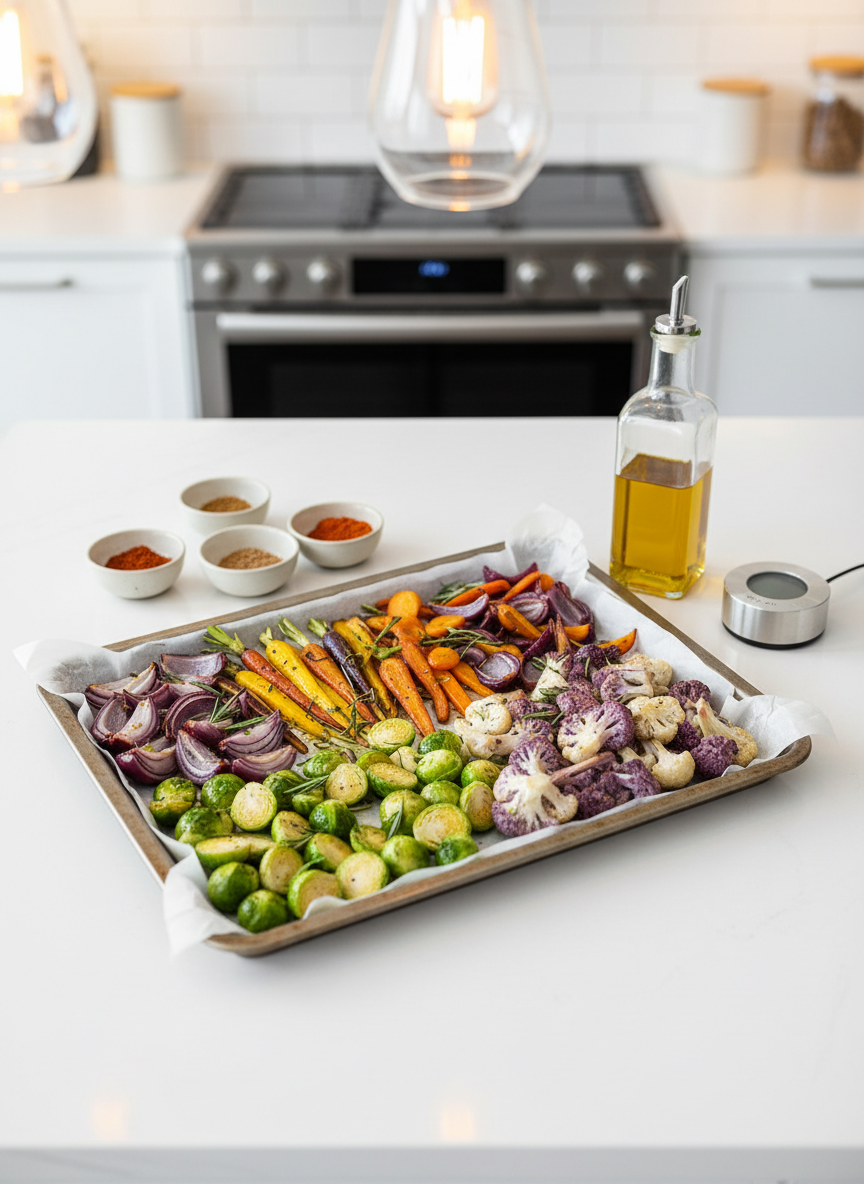 A professional overhead photographic view of a white kitchen island set up as a healthy recipe workstation. On a large parchment-lined baking tray, an array of colorful roasted vegetables—such as Brussels sprouts, red onions, rainbow carrots, and cauliflower florets—are arranged in tidy sections, lightly coated in herbs and olive oil. Surrounding the tray are small ramekins with spices, a glass bottle of olive oil, and a stainless-steel oven timer. The background includes a blurred hint of a modern induction cooktop and a tidy backsplash. Warm, diffused pendant lighting from above creates soft highlights on the vegetables and subtle shadows, making the colors pop without harsh contrast. The composition uses asymmetrical balance, with a slightly elevated camera angle and moderate depth of field, conveying a calm, professional, and approachable atmosphere for easy, nutritious cooking.