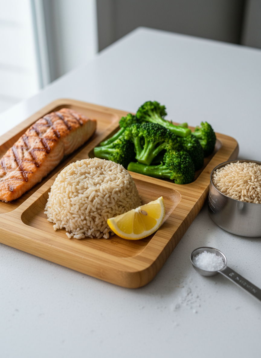 A close-up photographic image of a polished bamboo cutting board on a white quartz countertop, displaying the process of assembling a balanced meal. On the board, there are organized sections of grilled salmon fillet with visible grill marks, steamed broccoli florets with droplets of water, fluffy brown rice in a small mound, and a lemon wedge. Nearby, a stainless-steel measuring cup is filled with uncooked brown rice, and a measuring spoon rests beside a small pinch of sea salt. Cool, diffused daylight from an unseen window provides even lighting with minimal shadows, emphasizing textures and true colors. The camera angle is slightly elevated with a shallow depth of field, creating a professional, instructive atmosphere suitable for teaching portion control and healthy plate composition in a clean, modern style.
