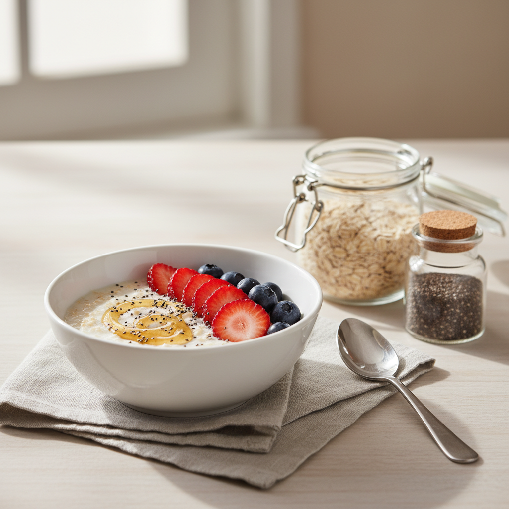 A clean, photographic scene of a white ceramic bowl filled with overnight oats, positioned slightly off-center on a light gray linen napkin atop a pale wooden table. The oats are topped meticulously with a row of sliced strawberries, a cluster of blueberries, a sprinkle of chia seeds, and a drizzle of golden honey forming a gentle spiral. To the side, a small glass jar of rolled oats and another with chia seeds sit partially open, with a stainless-steel spoon resting nearby. Soft morning daylight streams from the left, creating gentle shadows and subtle highlights on the textures of fruit and grains. The composition follows the rule of thirds with a shallow depth of field, blurring the background into a calm, neutral haze. The overall mood is serene, fresh, and professional, ideal for illustrating simple, healthy breakfast ideas.