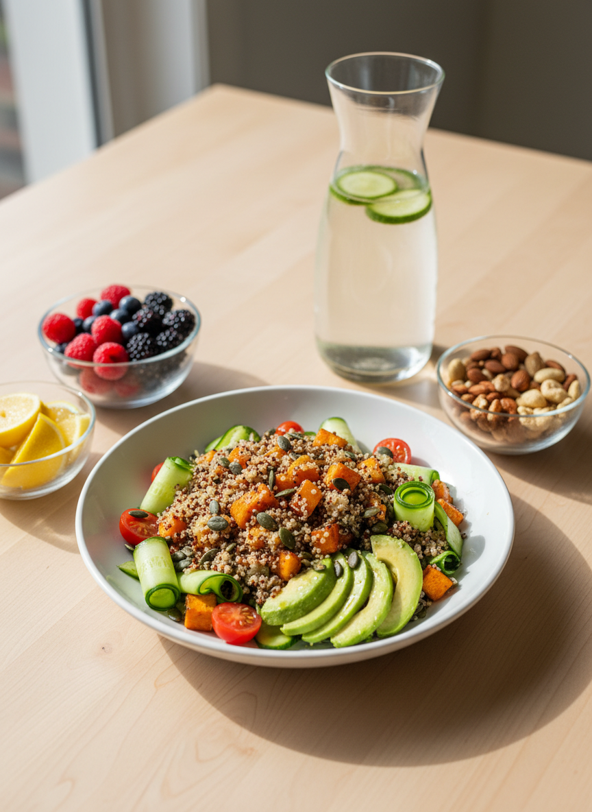 A vibrant overhead photographic shot of a neatly arranged healthy lunch spread on a light maple wood table. At the center, a large white ceramic plate holds a colorful quinoa salad with roasted sweet potatoes, cherry tomatoes, cucumber ribbons, avocado slices, and a sprinkle of pumpkin seeds, all glistening lightly with olive oil. Around it sit small glass bowls of fresh berries, mixed nuts, and lemon wedges, plus a clear water carafe with floating cucumber slices. Soft natural daylight from a nearby window casts gentle, directional shadows, creating a clean, professional feel. The composition follows the rule of thirds with sharp focus on the main plate and a slightly blurred background, capturing photographic realism with a bright, inviting, educational mood about balanced meals.