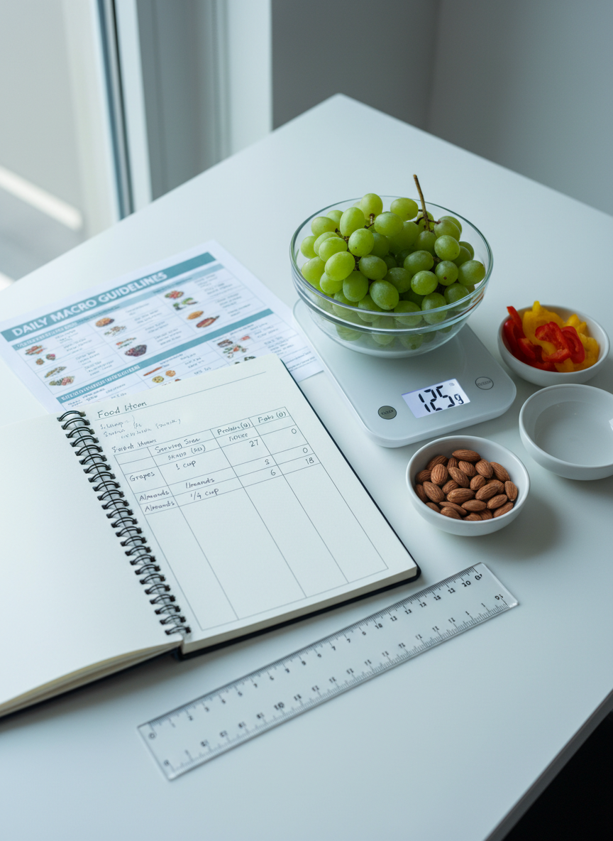 A high-resolution photographic image of a labeled nutrition breakdown workspace on a smooth white desk. At the center lies an open spiral-bound notebook with a neatly handwritten table of macronutrients and serving sizes. Beside it, a digital kitchen scale holds a clear glass bowl filled with bright green grapes, and nearby, small white dishes contain almonds and sliced bell peppers. A printed nutrient chart, partially visible, rests under a transparent ruler. Cool, even daylight from a nearby window illuminates the scene, with minimal shadows and precise detail. The camera captures the composition from a slightly elevated angle with sharp focus across the frame, reinforcing a clean, analytical yet approachable mood. The overall style is modern and professional, emphasizing practical education about understanding portion sizes and nutrient content in everyday foods.