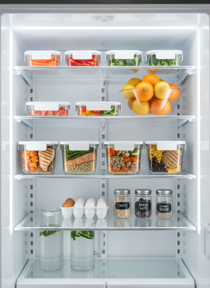 A minimalist refrigerator interior photographed in crisp detail, showing neatly organized healthy foods on glass shelves. Transparent containers hold prepped vegetables like carrot sticks, bell pepper strips, and broccoli florets, while clear-lidded glass meal-prep boxes contain balanced servings of whole grains, lean proteins, and colorful sides. A bowl of fresh citrus fruits sits beside a carton of eggs, and labeled glass jars hold oats, nuts, and seeds. Cool, bright LED lighting inside the fridge casts even, shadow-free illumination, highlighting freshness and clarity. The composition is centered and symmetrical, with sharp focus throughout, reinforcing a professional, educational mood about planning and organization for healthy eating. The photographic realism and clean, modern aesthetic make the space feel orderly, achievable, and inspiring for everyday nutrition habits.